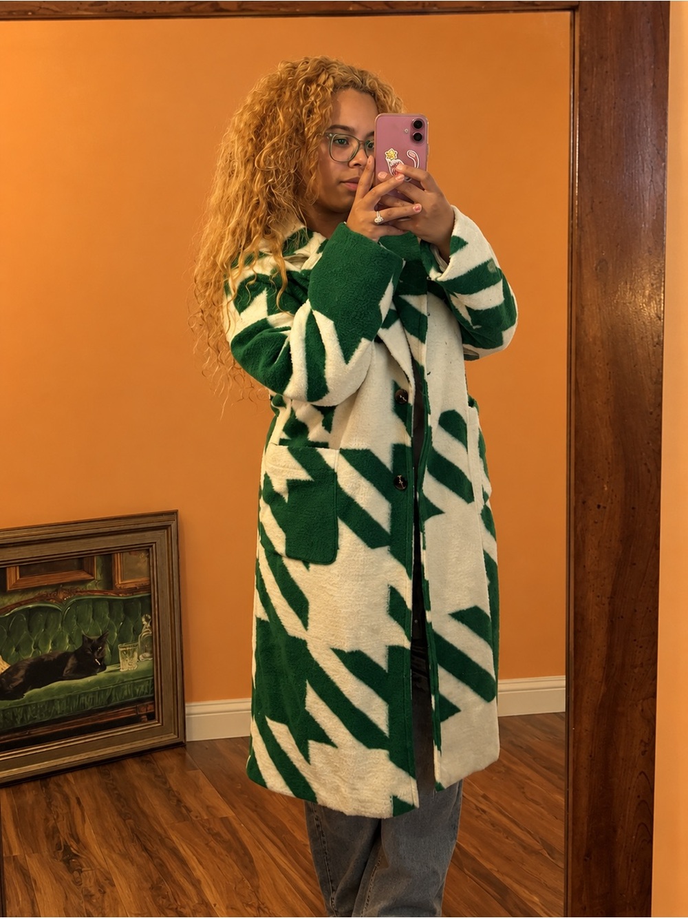 Boohoo Green & White Oversized dogtooth wool coat